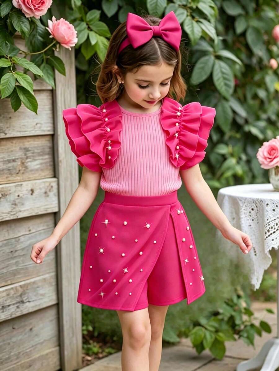 Tween Girls Summer Colorblock T-Shirt Set, Round Neck Ribbed Knit Top + Elastic Waist Shorts/ Skort 2-Piece, Pearl Decor, Flutter Sleeve Design, Sweet & Cute For Casual Outings - Hot Pink - View 1