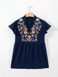 Acelitt Áo kiểu mùa hè cổ chữ V tay bồng, màu xanh nhạt, thêu hoa tinh tế. - Nhiều màu - Xem 4