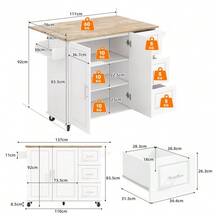 Length 137 Cm * Width 43 (76) Cm * Height 92 Cm, Large Mobile Kitchen Table, Oak Countertop, Folding Design, Multifunctional Cabinet, 3 Drawers, Towel Rack, Ideal For Kitchen, Dining Room, Home Use - White - View 11