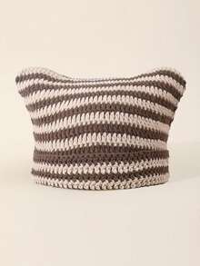 1pc Unisex Handmade Crochet Cat Ear Knit Hat, HipHop Hollow Out Striped Beanie With Detachable Metal Pin And Tassel - Multicolor - View 21