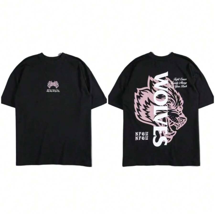 Darcsport T-Shirt, American Brand, Classic Wolf Head Print, Pure Cotton Short-Sleeve T-Shirt, Loose Fit, Unisex, Plus Size - Đen và hồng - Xem 1