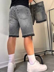 Loose Distressed Hem Wide Leg Denim Shorts, Y2K Baggy Mid-Length Jeans Shorts, Casual Street Style Loose Fit Versatile Denim Shorts, Cotton Slant Pocket Denim Shorts, Summer Denim Pants - 灰色 - 查看 2