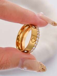 两枚时尚18K镀金不锈钢四叶草戒指，优雅女士手镯，适合女性日常佩戴和作为礼物 - 彩色 - 查看 19