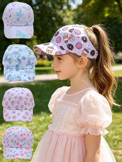 1pc 3-8 Years Old Kids Baseball Cap, Dinosaur, Pony, Strawberry, Cherry, Donut, Balloon Prints, Suitable For Boys And Girls Back To School, Outdoor Sports, Sun Protection Hat