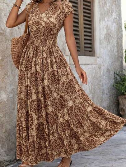 Women's Bohemian Style All-Over Print Vacation Dress, Suitable For Beach