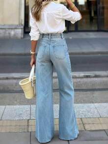 Celana Jeans Wanita Kasual Elegan dengan Potongan Lebar, Penutup Kancing, Siluet Panjang, Elastisitas Sedang untuk Musim Gugur - Light Wash - View 5