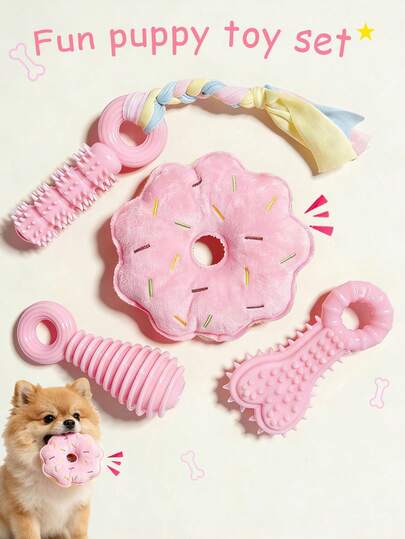 Bộ đồ chơi và vật dụng cho chó gồm 5 món này bao gồm: đồ chơi gặm nướt cho chó con, đồ chơi cao su mềm màu hồng cho chó con, đồ chơi vệ sinh và chăm sóc răng miệng, bóng hình xương ngộ nghĩnh, dây thừng cao su và đồ chơi chơi với nước. Thích hợp cho chó và mèo cỡ nhỏ/trung bình, đây là món quà lý tưởng dành cho thú cưng.
