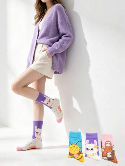 1/3 Pairs Cartoon Animal Pattern Mid-Calf Socks, Ins Style, Interesting & Cute, Designs Include Bee, Alpaca And Sloth, Soft & Adorable, Suitable For Girls And Students Daily Wear, All Seasons, Couples Can Also Match With Casual Outfits