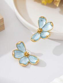 French Elegant Enamel Petal Hoop Earrings, Luxury Fashion Resort Style Earrings For Women Alloy Gold Fashion Hand-Painted Pearl Glitter Earrings - Baby Blue - View 6