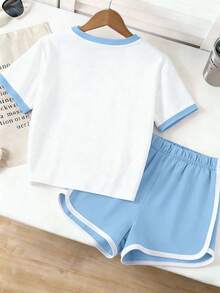2pcs/Set Floral Print Color Block Crop Top And Shorts Set For Teenage Girls, Soft Fabric Casual Summer Outfit, Girls Clothing, Teenage Girls Apparel, Girls Shorts, Girls Set - Multicolor - View 4