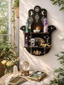 1 chiếc kệ treo tường trưng bày pha lê hình mắt trăng, phong cách Boho Gothic, giá đựng đồ trang trí, kệ thờ cúng huyền bí, kệ nhiều tầng nổi hình vòm, khắc họa tiết thiên thể, giá trưng bày tiết kiệm không gian cho pha lê, nến, trang sức, bài tarot, đồ trang trí tâm linh cho phòng ngủ, phòng khách, góc thiền định. - Bàn tay Fatima 1 - Xem 4