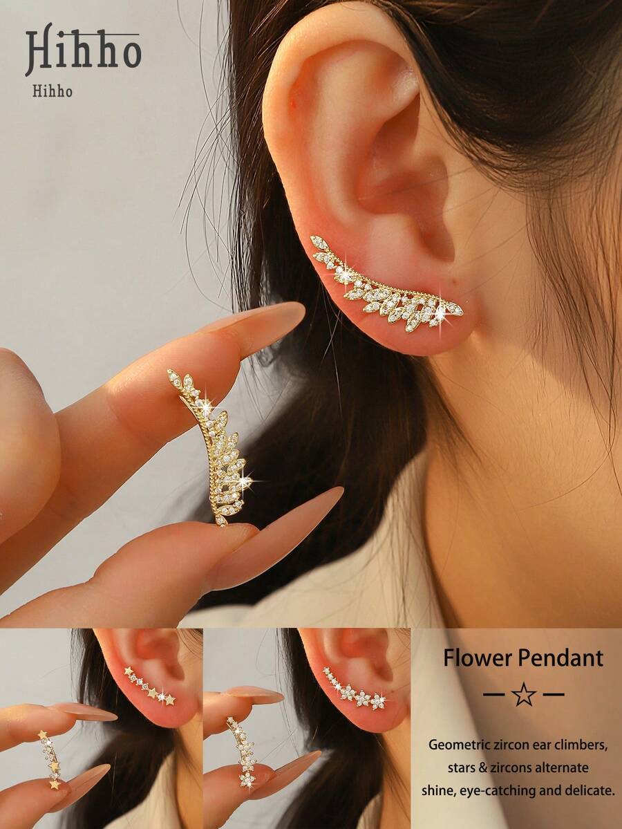 Hihho 1 Pair Luxury Elegant Zirconia Earrings, Floral, Wing, Star Designs Available, Versatile Chic Earrings That Can Be Worn Without Multiple Piercings, Gorgeous Jewelry Earrings Suitable For Daily Wear - Yellow Gold - View 1