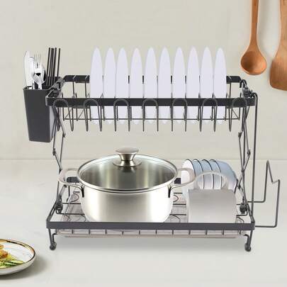 Scolapiatti pieghevole a 2 livelli con vassoio raccogligocce, cestello per bacchette e porta tagliere, organizer per utensili da cucina per piatti, ciotole e posate, design moderno, nero, 40 x 31,5 x 28 cm