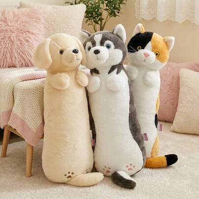 1pc Cute Cartoon Long Animal Plush Pillow, Soft Plush Tricolor Cat, Golden Retriever, Blue Cat, Husky Plush Doll Pillow, Sofa Cushion, Bedroom Decor, Children's Birthday Gift, Girlfriend/Best Friend Gift, Mother's Day, Children's Day Gift