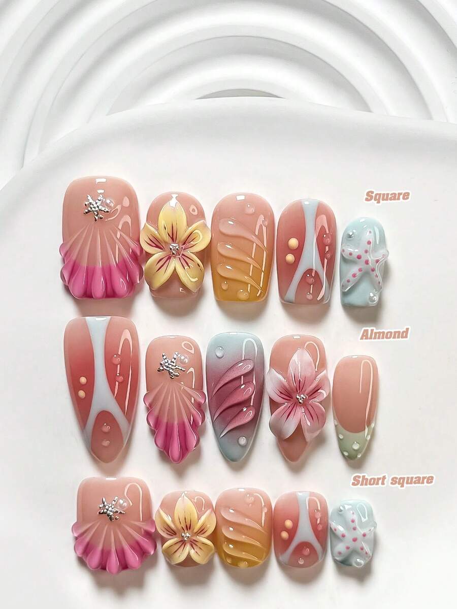 10件夏季海灘風手工穿戴式美甲,Polygel美甲套組,海星與五瓣花圖案,粉色、黃色與藍色指甲油,度假風,含美甲工具,3種尺寸可選,方形、短方形、杏仁形,適合派對、跳舞、日常配戴 - 彩色 - 查看 1