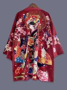 日式羽織和服罩衫，極簡復古卡通女孩印花，春夏中性情侶冷氣衫，浴衣街頭海灘休閒旅行度假罩衫上衣披肩外套，日式披肩，祭典團體派對表演服裝 - 酒紅色 - 查看 1
