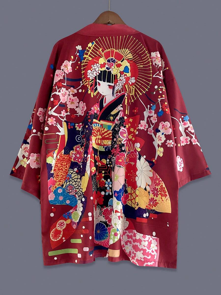 日式羽織和服罩衫,極簡復古卡通女孩印花,春夏中性情侶冷氣衫,浴衣街頭海灘休閒旅行度假罩衫上衣披肩外套,日式披肩,祭典團體派對表演服裝 - 酒紅色 - 查看 1