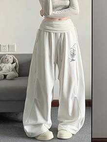 Retro Print Y2K Wide Leg Pant Women Hip Hop Streetwear American Loose Trousers Harajuku Vintage High Waist Bf Straight Pants New - 白色 - 查看 3