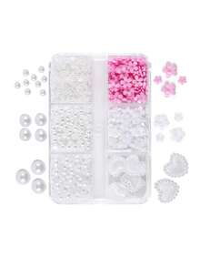 Nail Art Supplies - White Faux Pearl Heart, Pink 5-Petal Flower, 3D Nail Decor, Nail Rhinestones, Half-Covered Faux Pearl Tiny Flowers, Nail Jewelry, DIY Nail Decoration Materials - White - View 10
