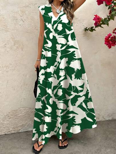 Summer New Bohemian Green Floral Print V-Neck Cap Sleeve Maxi Dress For Women, Beach Vacation Casual Loose Style Elegant