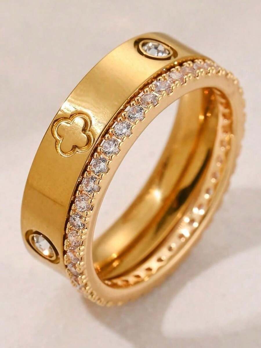 一套时尚四叶草不锈钢18K镀金戒指，优雅女士手镯，适合女性日常佩戴和作为礼物 - 彩色 - 查看 1