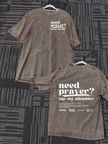 Jesus Pure Cotton T - Shirt Need Prayer? Tap My Shoulder IVVISGLORY Graphic TEE, Double - Sided Printing. Christmas Men's Summer Crew - Neck T - Shirt, Washed, 100% Pure Cotton, 230g, 1 Piece. Men's Top, A Gift For Family And Friends - 咖啡棕 - 查看 1