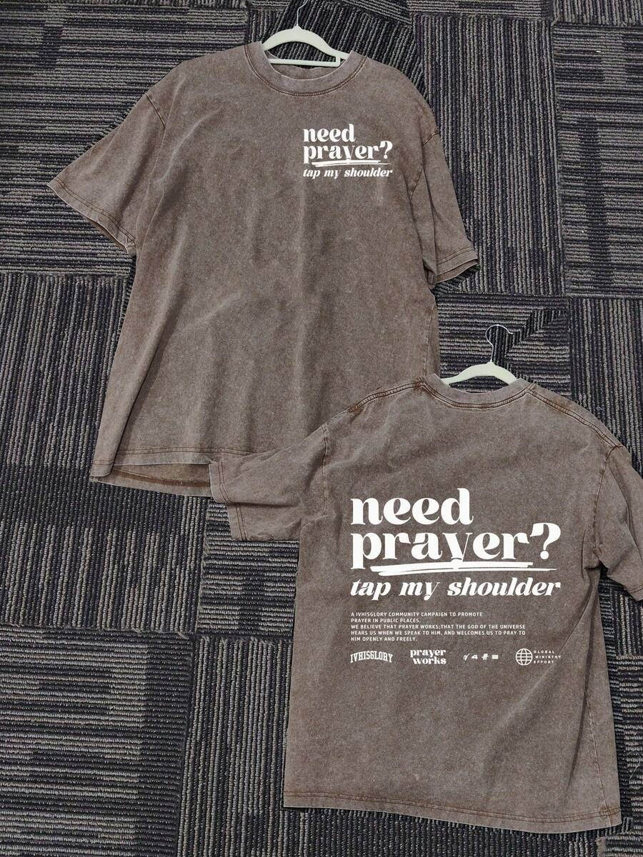 Jesus Pure Cotton T - Shirt Need Prayer? Tap My Shoulder IVVISGLORY Graphic TEE, Double - Sided Printing. Christmas Men's Summer Crew - Neck T - Shirt, Washed, 100% Pure Cotton, 230g, 1 Piece. Men's Top, A Gift For Family And Friends - 咖啡棕 - 查看 1
