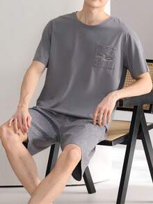 AICJ 男士纯色休闲宽松简约口袋圆领短袖格子短裤睡衣套装（2件套），适合春夏穿着 - 深灰色 - 查看 7
