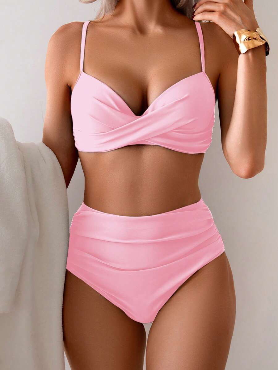 Summer Solid Color Sexy Elegant Bohemian Style Spaghetti Strap Bikini Set, Sweet Two Pieces Swimsuit For Beach Vacation