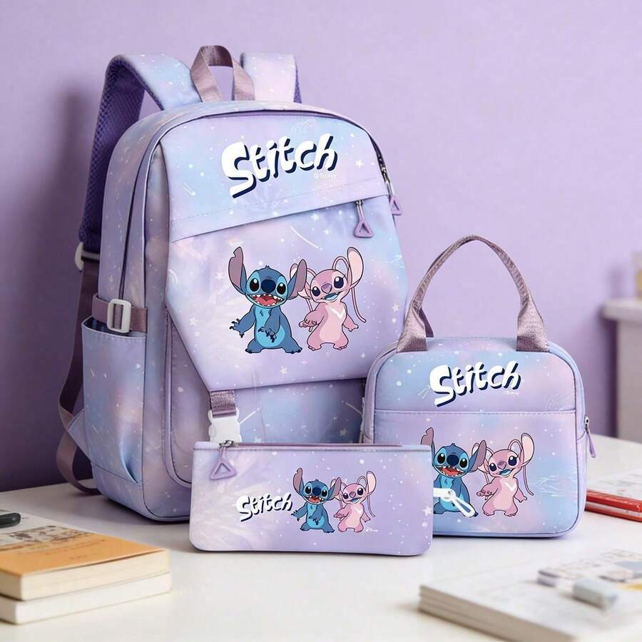 Miniso Disney Lilo & Stitch 3-In-1 Student Backpack Set, Includes Backpack + Lunch Bag + Pencil Case, Perfect Back-To-School Gift - Purple - View 1