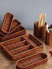 Woven Cutlery Rack, Chopstick Holder, Kitchen Countertop Storage Basket, Rattan Basket, Portable Lightweight Dining Table, Banquet Tableware Organizer Box, Kitchen Storage & Accessories, Home Essentials, Kitchen Organizers, Suitable For Cutlery, Cosmetics, Stationery, Bedroom Decor, Coastal Style Seaweed Rattan Storage Basket, Kitchen Organizer, Kitchen Accessories Storage, Organizer Rack - Multicolor - View 8