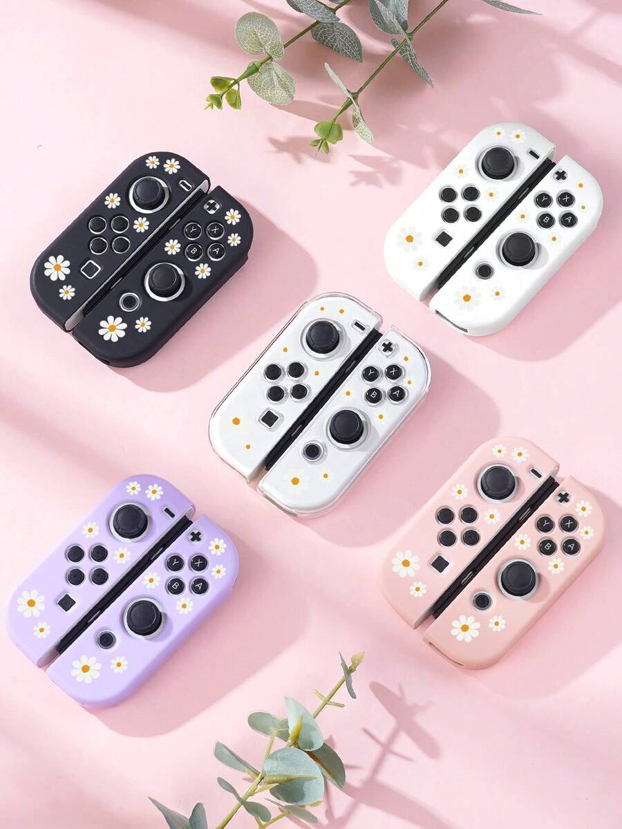 1 Pair Of White Flowershandle Protective Shell Switch Joy-Con Controller, Switch Joy-Con Left And Right Handle Controller Protective Cover, Switch Game Console Accessories, Protect Joy-Con Controller From Damage, Oil-Proof And Scratch-Proof, Easy To Install And Disassemble - Multicolor - View 1