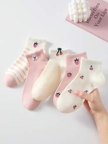5 đôi tất ngắn cổ chân thoáng khí dễ thương dành cho nữ, họa tiết dâu tây, anh đào, thỏ, tất thường ngày, màu trắng và hồng thời trang, phù hợp cho mùa xuân, mùa hè và quanh năm. - Nhiều màu - Xem 4