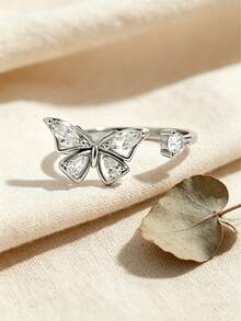 Vaerine 1pc Elegant Fashionable Minimalist Sparkling Exquisite 925 Silver Cubic Zirconia Butterfly Adjustable Ring, Charming Gift For Dating, Wedding, Proposal - Silver - View 2