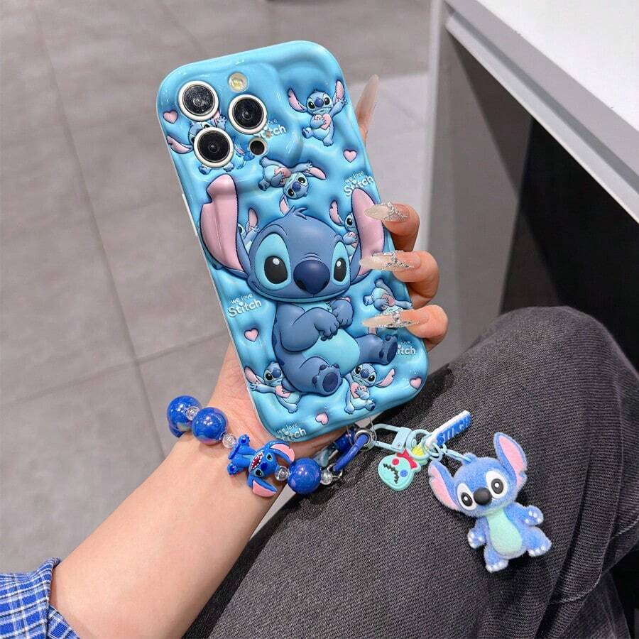 Disney Has Authorized, Phone Case - Chain Set, The Stitch Lilo & Stitch 3D Phone Case Plus A Silicone 3D Stitch Bracelet With Metallic Ring Removable Bracelet, Stitch And Angel Pattern, Compatible With Iphone 17/16/15/14/13/12/11/XS/XR/X Plus Pro Max, A Stylish Cartoon Phone Case, The Perfect Gift Choice, Phone Protection, Durable Phone Cover, Great Gift For Friends And Family - 白色款式B - 查看 1