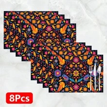 1pc/4pcs/6pcs/8pcs Mexican Folkloric Floral & Bird Pattern Linen Placemats, Suitable For Dining Table, All Seasons Decor, Modern Washable Tabletop Mats, Room Decor, Coasters, Kitchen Dining Mats, Indoor/Outdoor Party Decorations, Ideal Gift - Multicolor - View 14