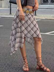 女士优雅米棕色格子不对称不平衡下摆中长裙，休闲街头风 - 灰色 - 查看 2