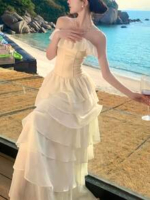 法式优雅婚礼派对鸡尾酒会无袖荷叶边系腰蛋糕裙晚礼服，女士节日沙滩裙 - 杏色 - 查看 10