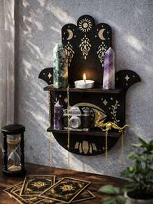 1 chiếc kệ treo tường trưng bày pha lê hình mắt trăng, phong cách Boho Gothic, giá đựng đồ trang trí, kệ thờ cúng huyền bí, kệ nhiều tầng nổi hình vòm, khắc họa tiết thiên thể, giá trưng bày tiết kiệm không gian cho pha lê, nến, trang sức, bài tarot, đồ trang trí tâm linh cho phòng ngủ, phòng khách, góc thiền định. - Bàn tay Fatima 1 - Xem 2