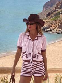 Women's Spring/Summer Pink & Brown Plaid Knit 2-Piece Set, Includes Short Sleeve Cardigan And High-Waisted Shorts. Pink Plaid And Brown Stripe Pattern Design With Hollow-Out Elements. Suitable For Beach, Vacation, Bohemian And Sexy Occasions - Pink - View 4