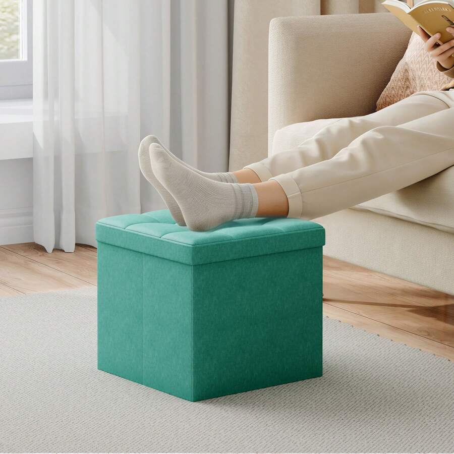 MCC Direct Foldable Storage Ottoman, Small Footrest Cube, Storage Bench With Lid, 1 Storage Box For Bedroom & Living Room, 36 Cm - Green - View 1