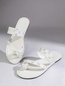 Fashionable Printed Flat Sandals, Artistic Print Geometric Pattern Sandals For Outdoor Summer - White - View 6