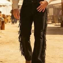 Men'S Western Fringed Flared Jeans - Vintage Cowboy Style Bootcut Pants With Side Tassels, Casual Denim Trousers For Rodeo & Country Attire (Black/Brown) - màu đen - Xem 1