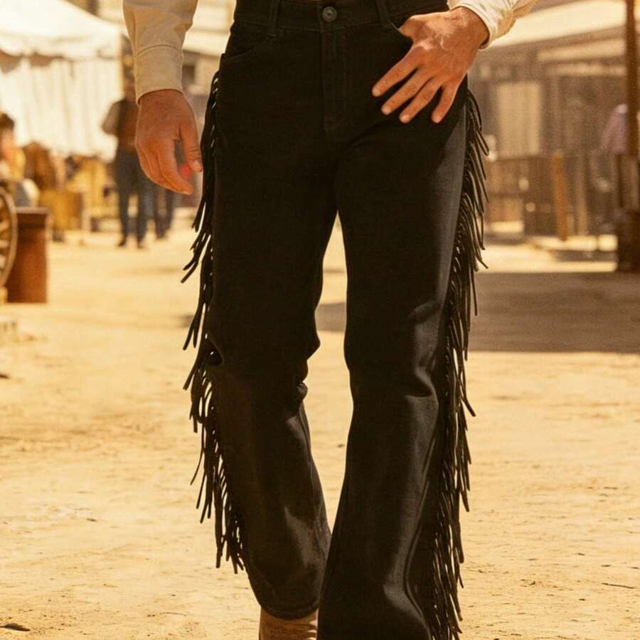 Men'S Western Fringed Flared Jeans - Vintage Cowboy Style Bootcut Pants With Side Tassels, Casual Denim Trousers For Rodeo & Country Attire (Black/Brown) - màu đen - Xem 1