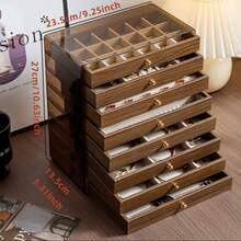 Caja de joyería con textura de nuez, organizador de joyería con estilo de cajón de varias capas, estante de almacenamiento a prueba de polvo, bandeja de exhibición de joyería de terciopelo de lujo y alta gama, bandeja de almacenamiento de diseño de joyería para collares, caja para aretes y anillos, gran capacidad - Marrón - View 3