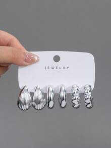4/6/16pcs Fashion Earring Set, Exaggerated Eternal Flower Super Large C-Shape Left & Right Flower Series Earrings, Suitable For Daily And Festival Wear For Women. This Product Is Made Of ABS Resin Material With UV Gold Plating That Won't Fade. - Silver - View 4