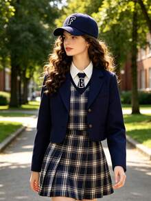 1 pieza Gorra de béisbol con parche de alfabeto de chenilla de 26 letras, gorra informal ajustable tipo papá para uso diario, viajes y atuendos casuales - Azul Marino - Ver 4