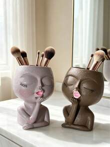 1pc Makeup Brush Holder, Cute Girl Design Pen Holder, Multi-Functional Plastic Vase Style Makeup Brush Storage Box, Suitable For Living Room And Office Desk - A - View 7