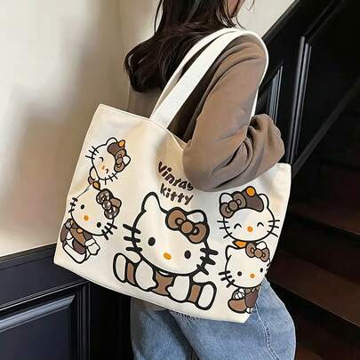 SANRIO 1 chiếc túi tote vải canvas cỡ lớn in hình Hello Kitty hoạt hình màu nâu và đen kiểu retro, chất liệu vải canvas cotton bền chắc, thiết kế đeo vai và xách tay, miệng túi mở, kiểu dáng Nhật Bản dễ thương, thích hợp làm ba lô học sinh, túi đi làm.