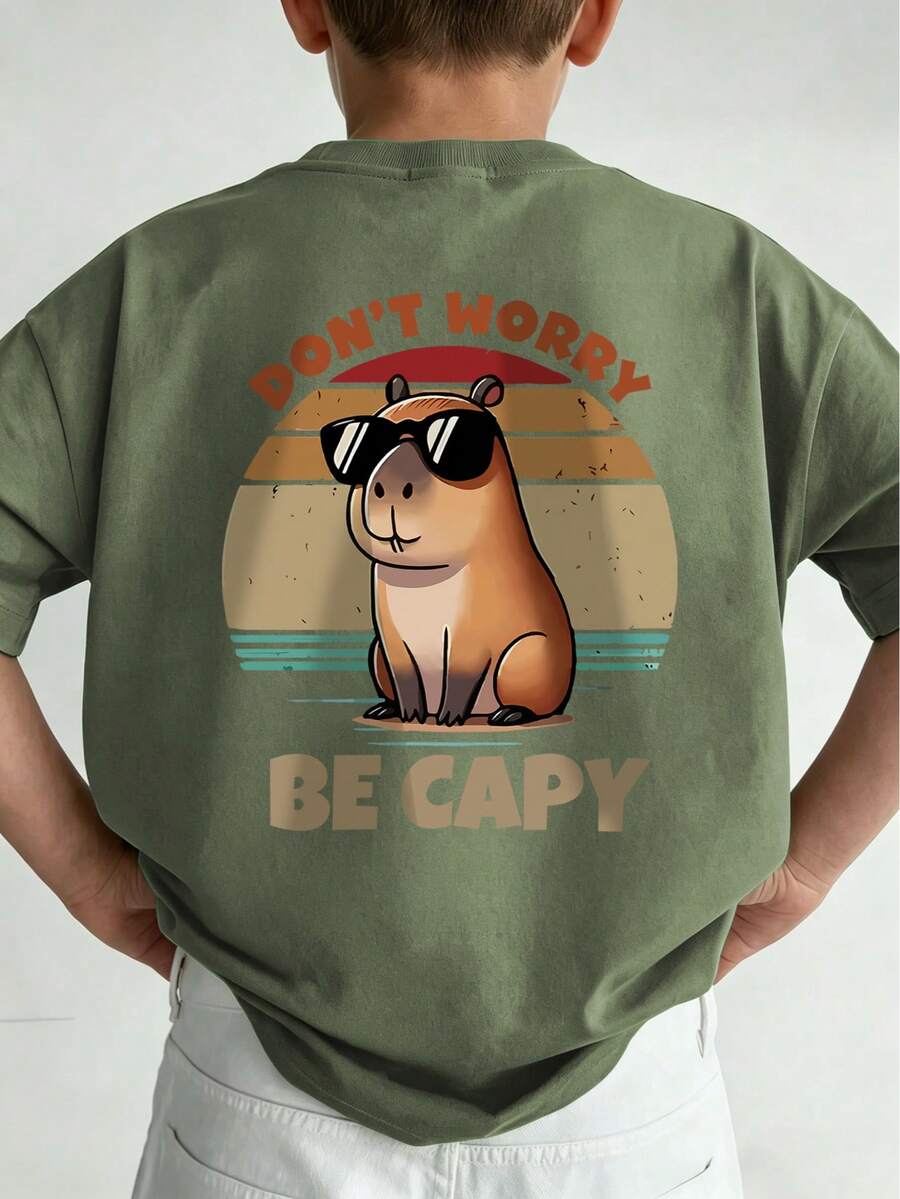 Kids Retro Capybara Graphic T-Shirt, Funny Slogan Print Casual Short Sleeve Top For Summer - Olive Green - View 1